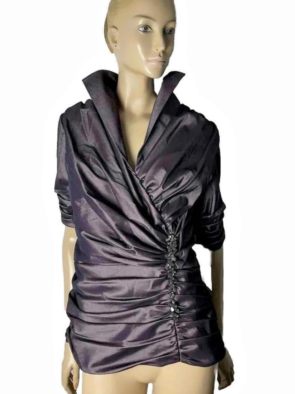 Tadashi Shoji Ruched Embellished Blouse in Purple Size 12 NWT